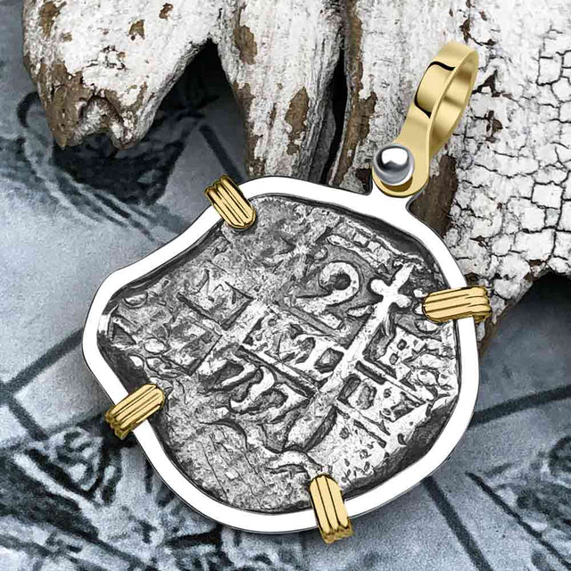 Pirate Era 1737 Spanish 2 Reale Piece of Eight 14K Gold & Sterling Silver Pendant