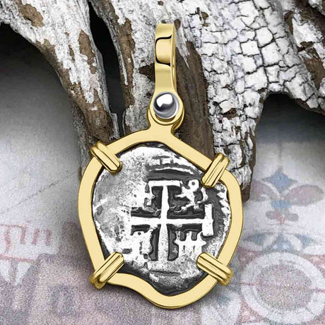 Dated 1677 Rimac River Good Luck Spanish 1/2 Reale Piece of Eight 14K Gold Pendant