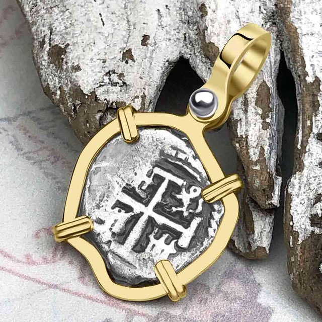 Dated 1677 Rimac River Good Luck Spanish 1/2 Reale Piece of Eight 14K Gold Pendant