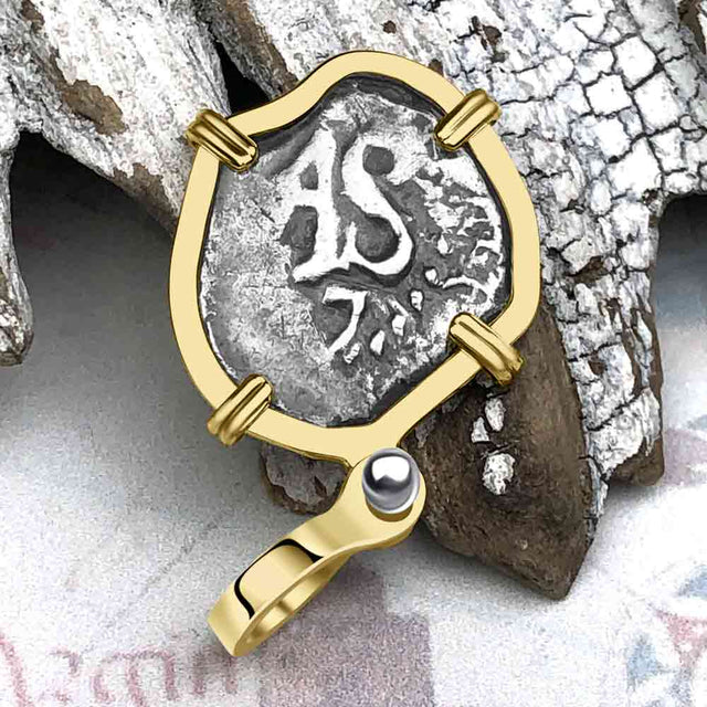 Dated 1677 Rimac River Good Luck Spanish 1/2 Reale Piece of Eight 14K Gold Pendant
