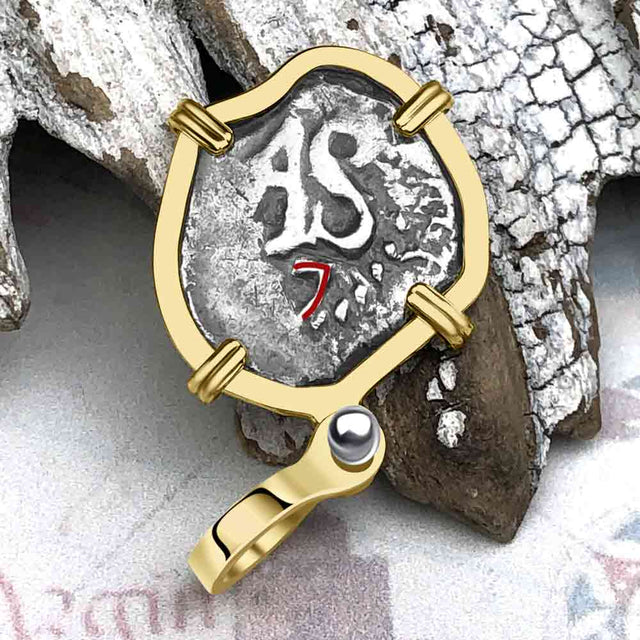 Dated 1677 Rimac River Good Luck Spanish 1/2 Reale Piece of Eight 14K Gold Pendant