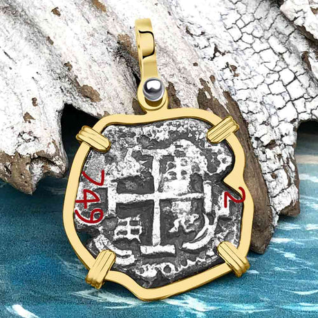 Pirate Era 1749 Spanish 2 Reale Cob Piece of 8 14K Gold Pendant