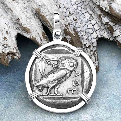 Ancient Greek Athena and the Owl Silver Tetradrachm circa 450 BC Sterling Silver Pendant