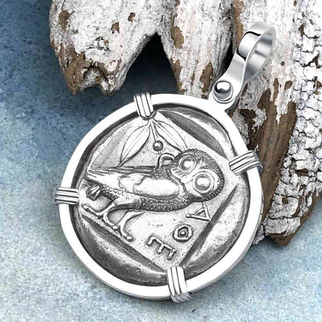Ancient Greek Athena and the Owl Silver Tetradrachm circa 450 BC Sterling Silver Pendant