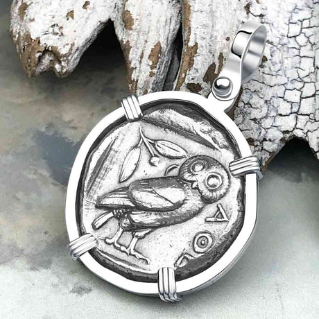Ancient Greek Athena and the Owl Silver Tetradrachm circa 450 BC Sterling Silver Pendant