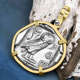 Ancient Greek Athena and the Owl Silver Tetradrachm circa 450 BC 14K Gold Pendant
