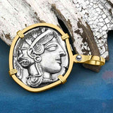Ancient Greek Athena and the Owl Silver Tetradrachm circa 450 BC 14K Gold Pendant