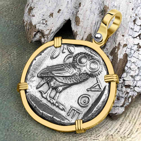 Ancient Greek Athena and the Owl Silver Tetradrachm circa 450 BC Zero-Die 14K Gold Pendant