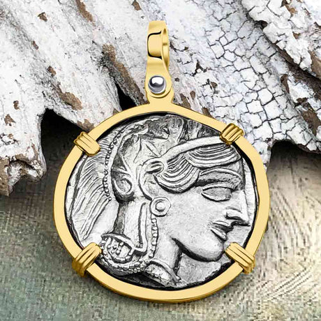 Ancient Greek Athena and the Owl Silver Tetradrachm circa 450 BC Zero-Die 14K Gold Pendant
