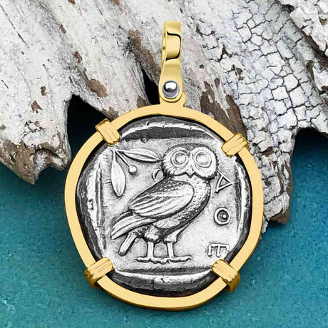 Ancient Greek Athena and the Owl Silver Tetradrachm circa 450 BC 14K Gold Pendant