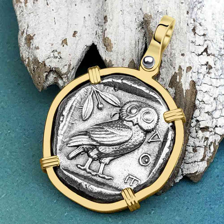 Ancient Greek Athena and the Owl Silver Tetradrachm circa 450 BC 14K Gold Pendant