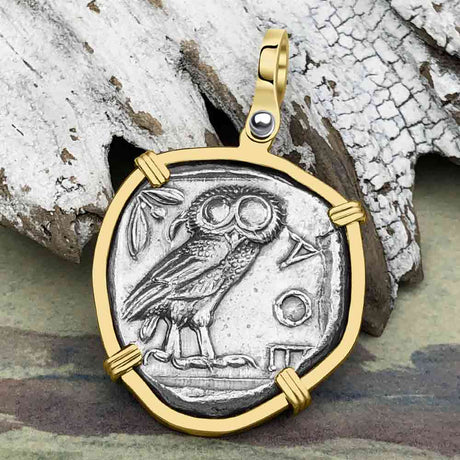 Ancient Greek Athena and the Owl Silver Tetradrachm circa 450 BC 14K Gold Pendant