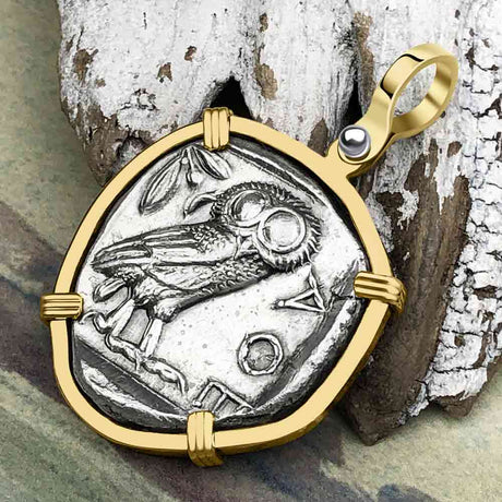 Ancient Greek Athena and the Owl Silver Tetradrachm circa 450 BC 14K Gold Pendant