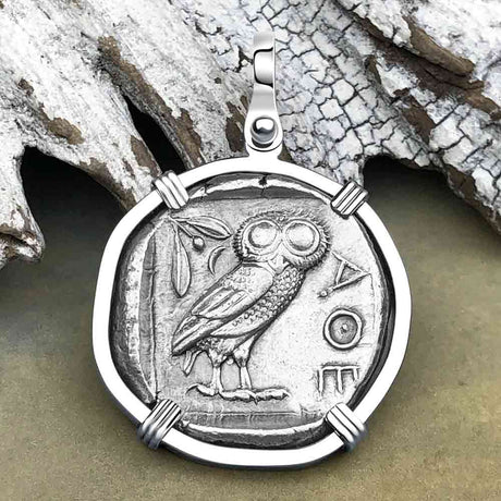 Ancient Greek Athena and the Owl Silver Tetradrachm circa 450 BC 14K White Gold Pendant