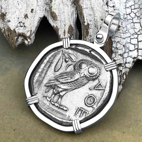 Ancient Greek Athena and the Owl Silver Tetradrachm circa 450 BC 14K White Gold Pendant
