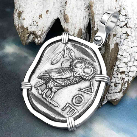 Ancient Greek Athena and the Owl Silver Tetradrachm circa 450 BC Zero-Die 14K White Gold Pendant
