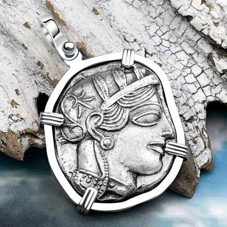 Ancient Greek Athena and the Owl Silver Tetradrachm circa 450 BC Zero-Die 14K White Gold Pendant