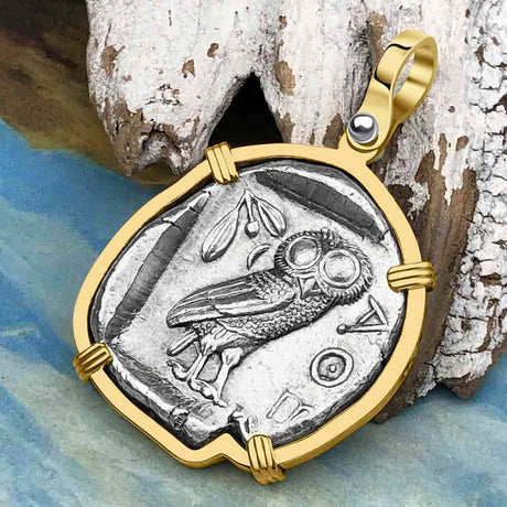 Ancient Greek Athena and the Owl Silver Tetradrachm circa 450 BC RARE Zero-Die 14K Gold Pendant