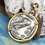 Ancient Greek Athena and the Owl Silver Tetradrachm circa 450 BC 14K Gold Pendant