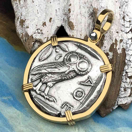 Ancient Greek Athena and the Owl Silver Tetradrachm circa 450 BC 14K Gold Pendant