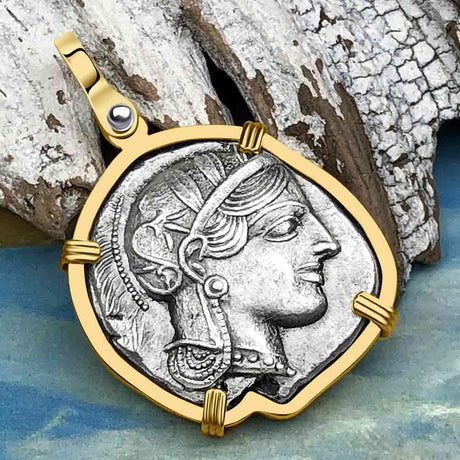 Ancient Greek Athena and the Owl Silver Tetradrachm circa 450 BC RARE Zero-Die 14K Gold Pendant