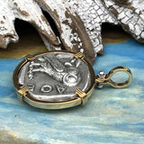 Ancient Greek Athena and the Owl Silver Tetradrachm circa 450 BC 14K Gold Pendant