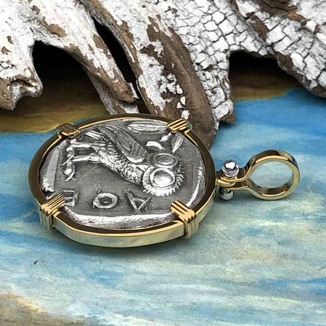 Ancient Greek Athena and the Owl Silver Tetradrachm circa 450 BC 14K Gold Pendant