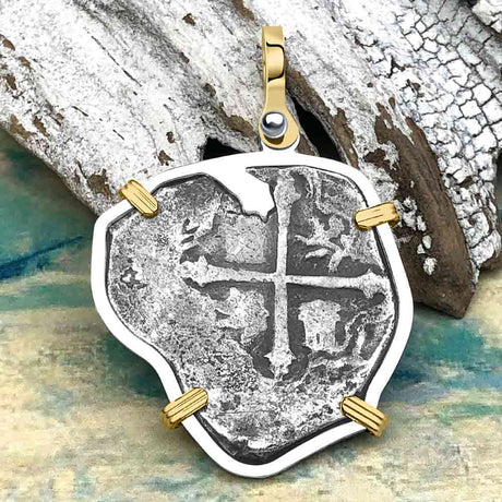 Heart Shaped Concepcion Shipwreck 4 Reale Silver Piece of 8 14K Gold & Sterling Silver Pendant