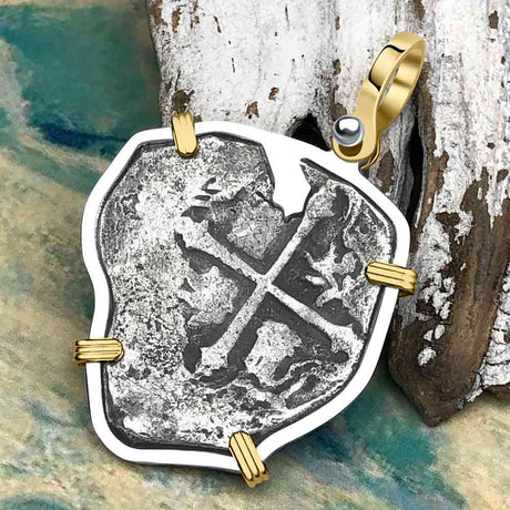 Heart Shaped Concepcion Shipwreck 4 Reale Silver Piece of 8 14K Gold & Sterling Silver Pendant