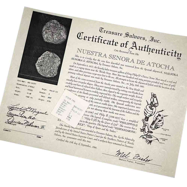 This coin comes with its original, historic Treasure Salvor's, Inc., raised seal Certificate and coin flip insert issued in 1986.