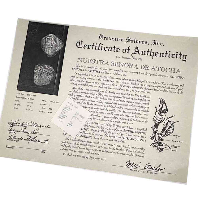 This coin comes with its original, historic Treasure Salvor's, Inc., raised seal Certificate and coin flip insert issued in 1986.