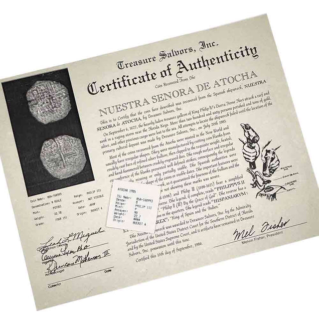 This coin comes with its original, historic Treasure Salvor's, Inc., raised seal Certificate and coin flip insert issued in 1986.