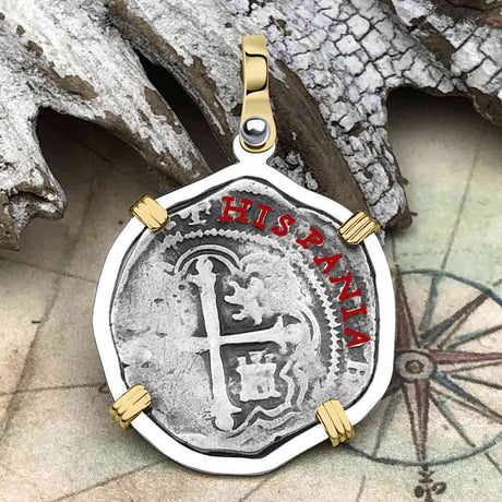 Atocha Era Circa 1598 Spanish 1 Reale Cob Piece of 8 14K Gold and Sterling Silver Pendant