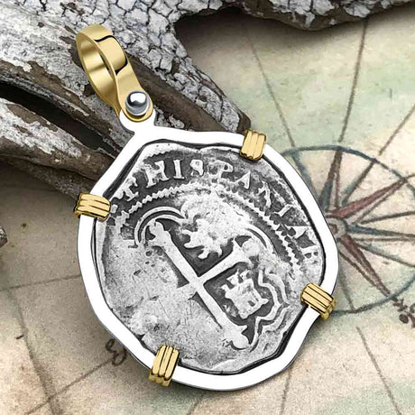 Atocha Era Circa 1598 Spanish 1 Reale Cob Piece of 8 14K Gold and Sterling Silver Pendant