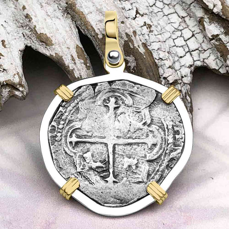 Atocha Era Buried Spanish 2 Reale Cob Piece of 8 14K Gold and Sterling Silver Pendant