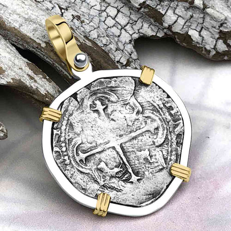 Atocha Era Buried Spanish 2 Reale Cob Piece of 8 14K Gold and Sterling Silver Pendant