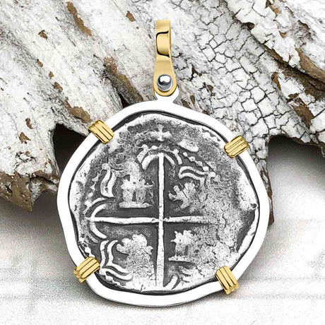 Atocha Era Buried Spanish 2 Reale Piece of Eight 14K Gold and Sterling Silver Pendant