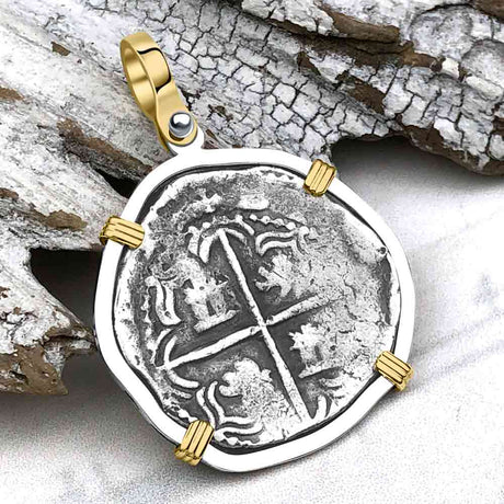 Atocha Era Buried Spanish 2 Reale Piece of Eight 14K Gold and Sterling Silver Pendant