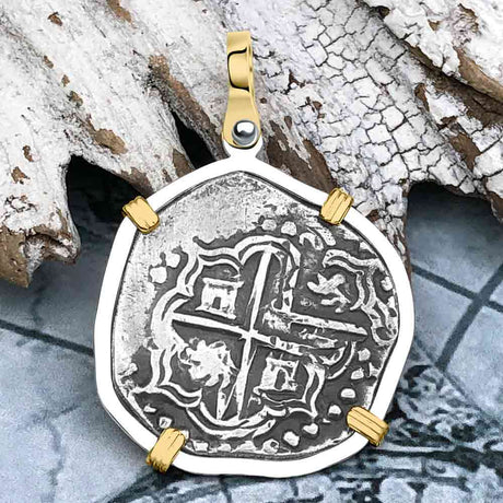 Atocha Era Buried Spanish 2 Reale Piece of Eight 14K Gold and Sterling Silver Pendant