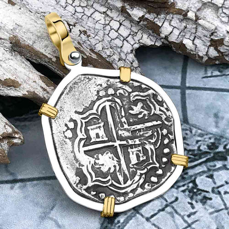 Atocha Era Buried Spanish 2 Reale Piece of Eight 14K Gold and Sterling Silver Pendant