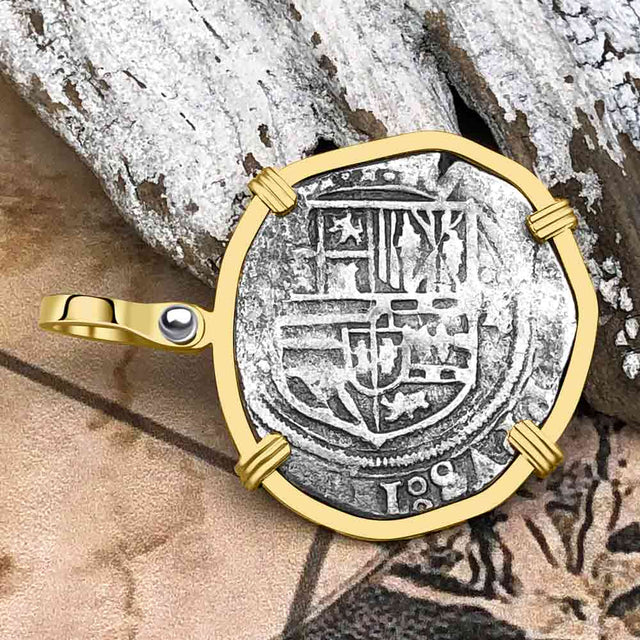 Atocha Era Buried Spanish 2 Reale Cob Piece of 8 14K Gold Pendant
