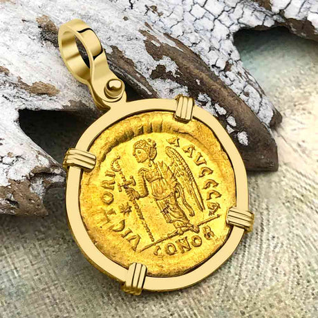 Roman Byzantine Empire Victory Angel 24K Gold Solidus Coin circa 518 AD 18K Gold Pendant