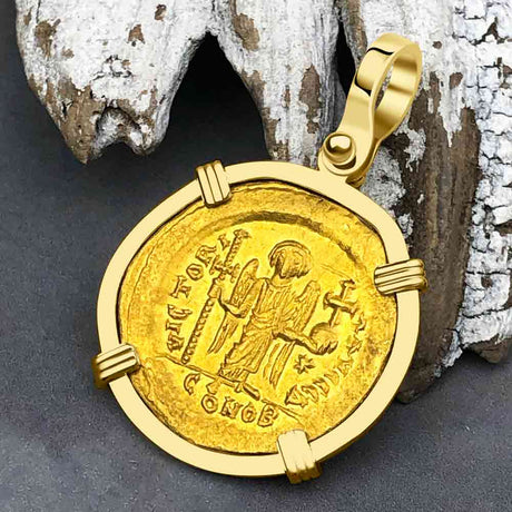 Roman Byzantine Empire Victory Angel 24K Gold Solidus Coin circa 518 AD 18K Gold Pendant