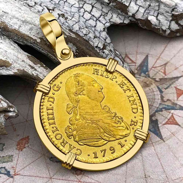 1791 Spanish 22K Gold Portrait 2 Escudo - the Legendary Doubloon - 18K Gold Pendant