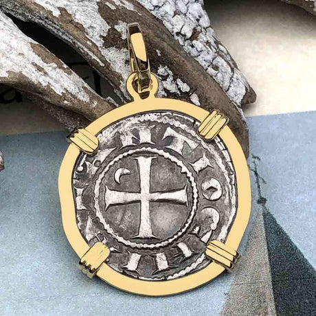 Templar Knights Era Antioch Crusader Medieval Silver Denier - Helmet Head - Coin of the Crusades 14K Gold Pendant