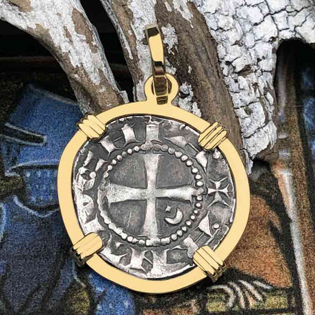 Templar Knights Era Antioch Crusader Medieval Silver Denier - Helmet Head - Coin of the Crusades 14K Gold Pendant