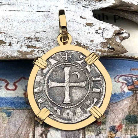 Templar Knights Era Antioch Crusader Medieval Silver Denier - Helmet Head - Coin of the Crusades 14K Gold Pendant
