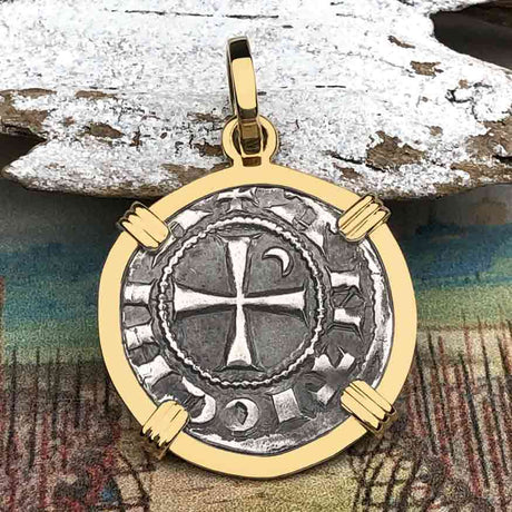 Templar Knights Era Antioch Crusader Medieval Silver Denier - Helmet Head - Coin of the Crusades 14K Gold Pendant