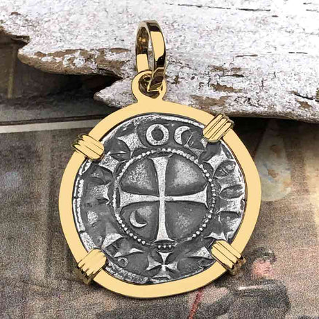 Templar Knights Era Antioch Crusader Medieval Silver Denier - Helmet Head - Coin of the Crusades 14K Gold Pendant