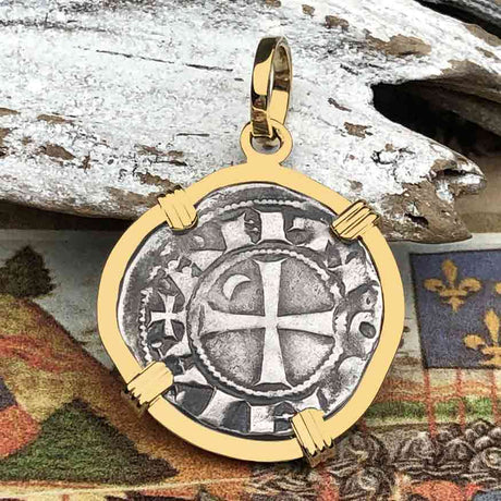Templar Knights Era Antioch Crusader Medieval Silver Denier - Helmet Head - Coin of the Crusades 14K Gold Pendant